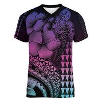 Hawaiian Sea Turtle Women V-Neck T-Shirt Pink Hibiscus Flowers and Kakau Pattern