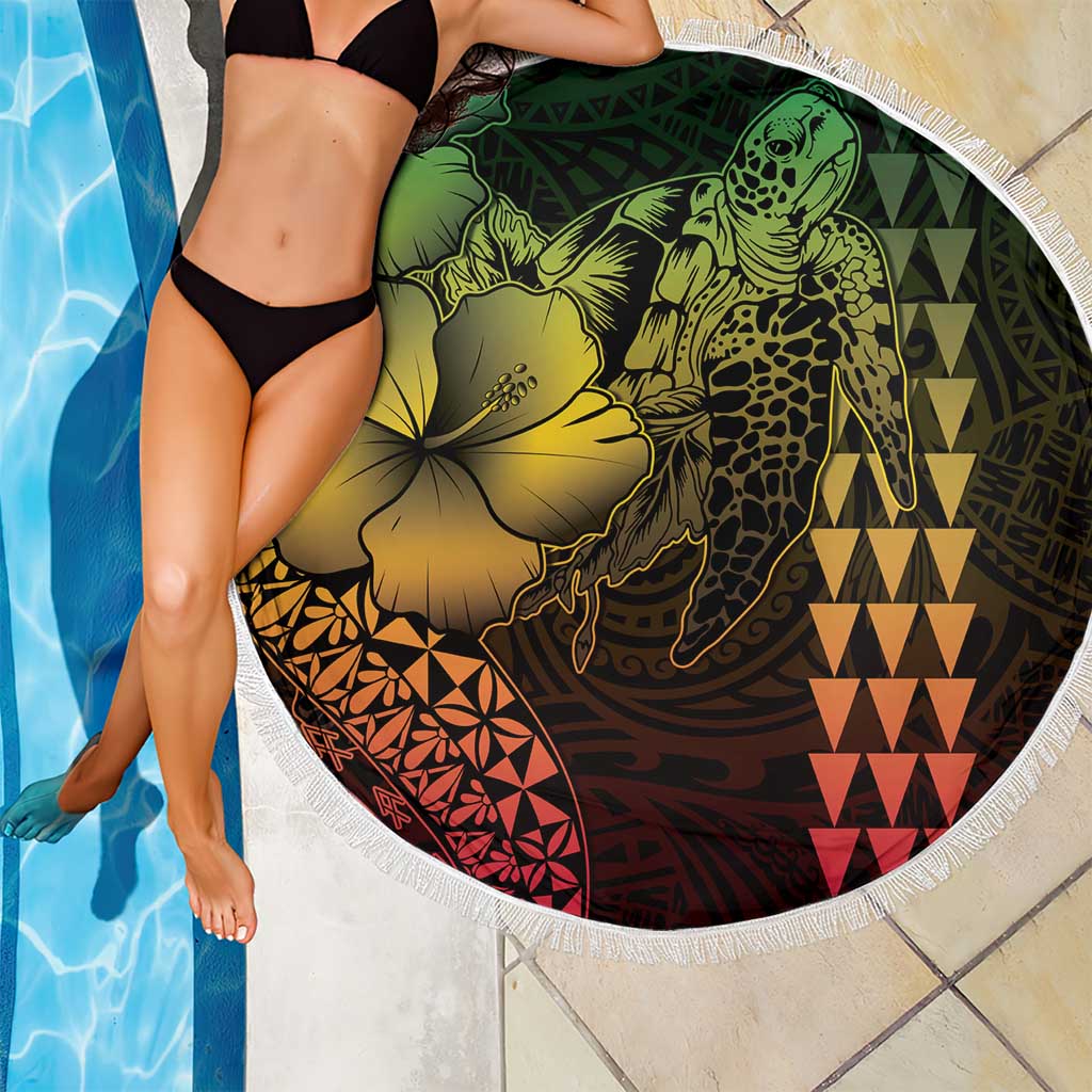 Hawaiian Sea Turtle Beach Blanket Reggae Hibiscus Flowers and Kakau Pattern