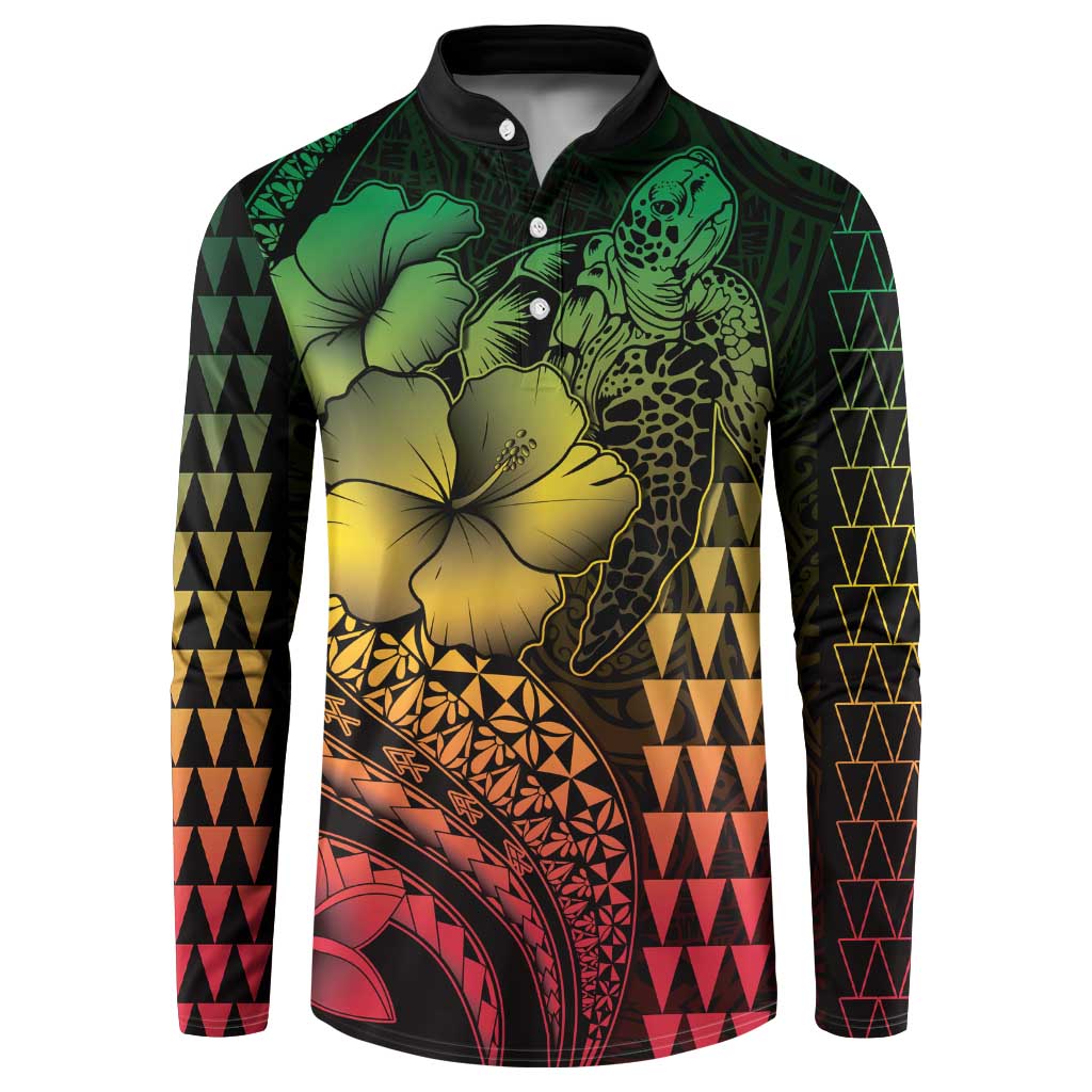 Hawaiian Sea Turtle Button Sweatshirt Reggae Hibiscus Flowers and Kakau Pattern