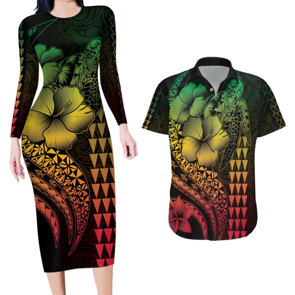 Hawaiian Sea Turtle Couples Matching Long Sleeve Bodycon Dress and Hawaiian Shirt Reggae Hibiscus Flowers and Kakau Pattern