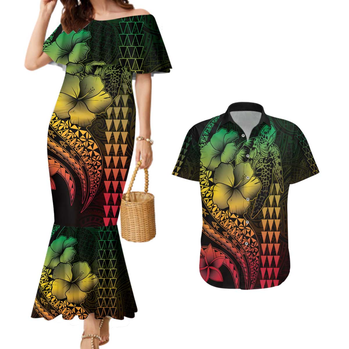 Hawaiian Sea Turtle Couples Matching Mermaid Dress and Hawaiian Shirt Reggae Hibiscus Flowers and Kakau Pattern