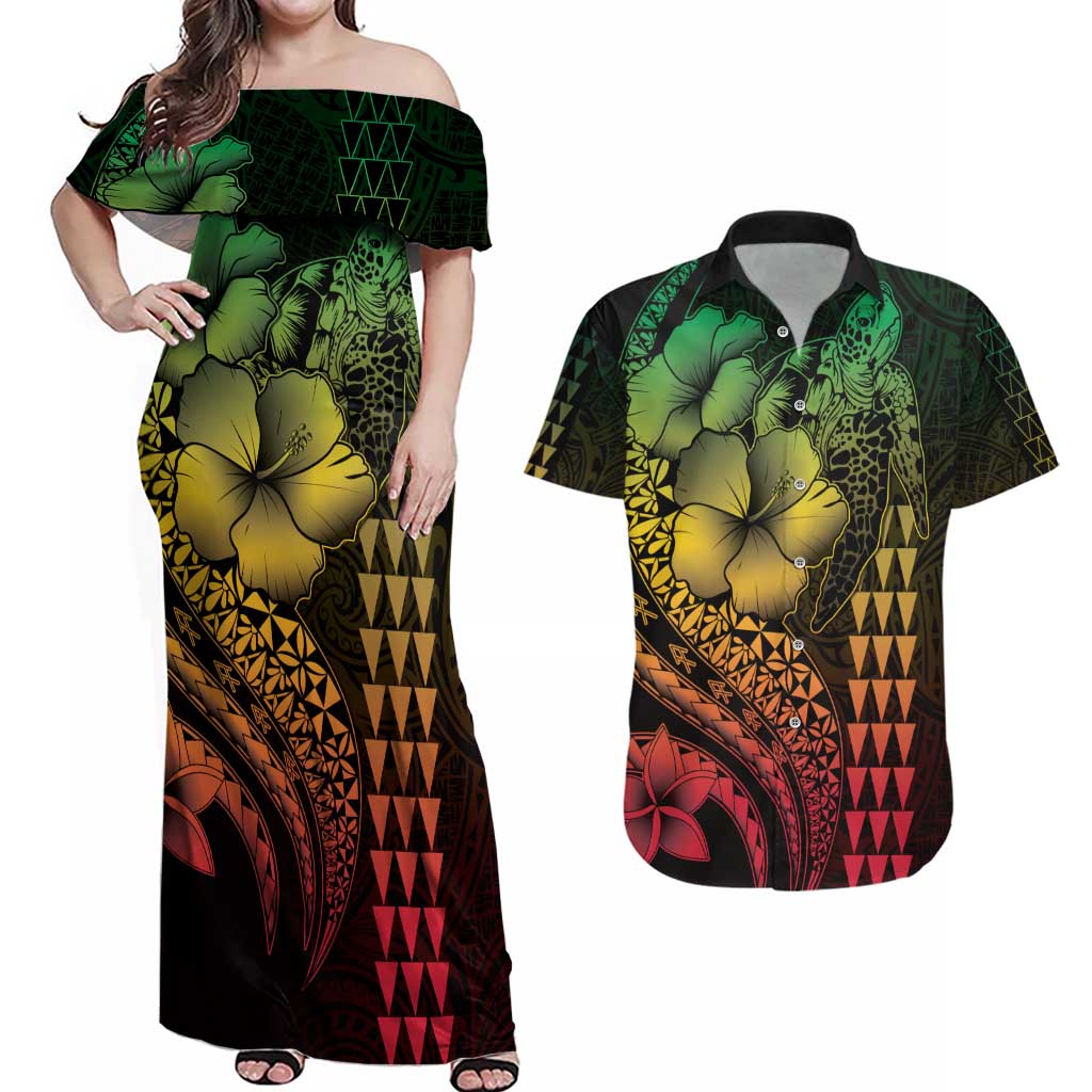 Hawaiian Sea Turtle Couples Matching Off Shoulder Maxi Dress and Hawaiian Shirt Reggae Hibiscus Flowers and Kakau Pattern