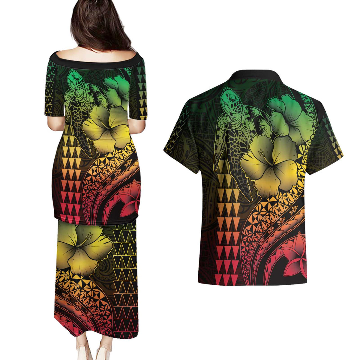 Hawaiian Sea Turtle Couples Matching Puletasi and Hawaiian Shirt Reggae Hibiscus Flowers and Kakau Pattern