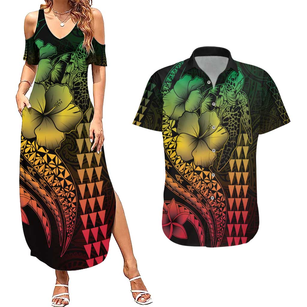 Hawaiian Sea Turtle Couples Matching Summer Maxi Dress and Hawaiian Shirt Reggae Hibiscus Flowers and Kakau Pattern