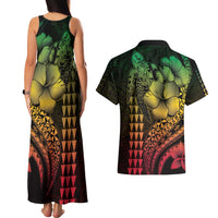 Hawaiian Sea Turtle Couples Matching Tank Maxi Dress and Hawaiian Shirt Reggae Hibiscus Flowers and Kakau Pattern