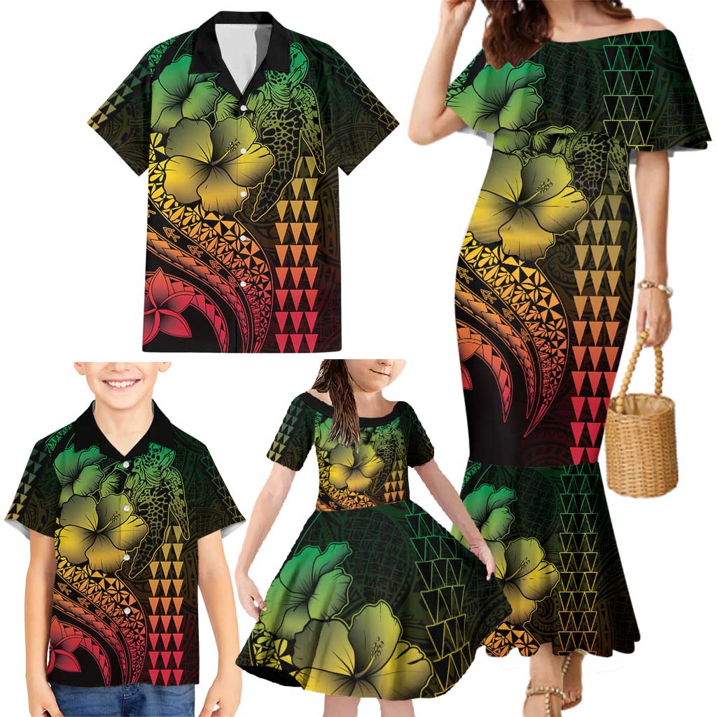 Hawaiian Sea Turtle Family Matching Mermaid Dress and Hawaiian Shirt Reggae Hibiscus Flowers and Kakau Pattern