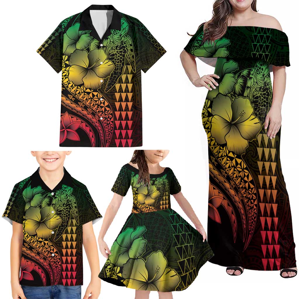 Hawaiian Sea Turtle Family Matching Off Shoulder Maxi Dress and Hawaiian Shirt Reggae Hibiscus Flowers and Kakau Pattern