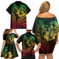 Hawaiian Sea Turtle Family Matching Off Shoulder Short Dress and Hawaiian Shirt Reggae Hibiscus Flowers and Kakau Pattern