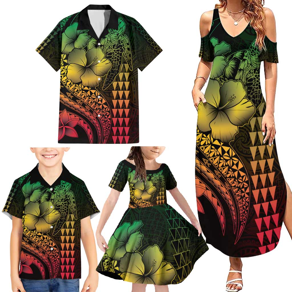 Hawaiian Sea Turtle Family Matching Summer Maxi Dress and Hawaiian Shirt Reggae Hibiscus Flowers and Kakau Pattern