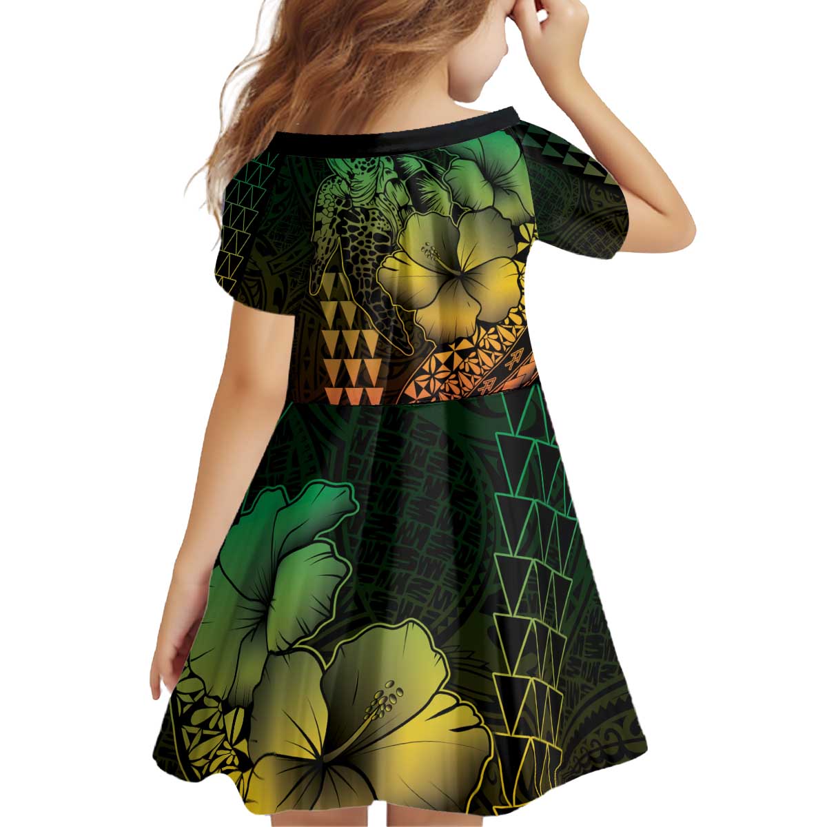 Hawaiian Sea Turtle Kid Short Sleeve Dress Reggae Hibiscus Flowers and Kakau Pattern