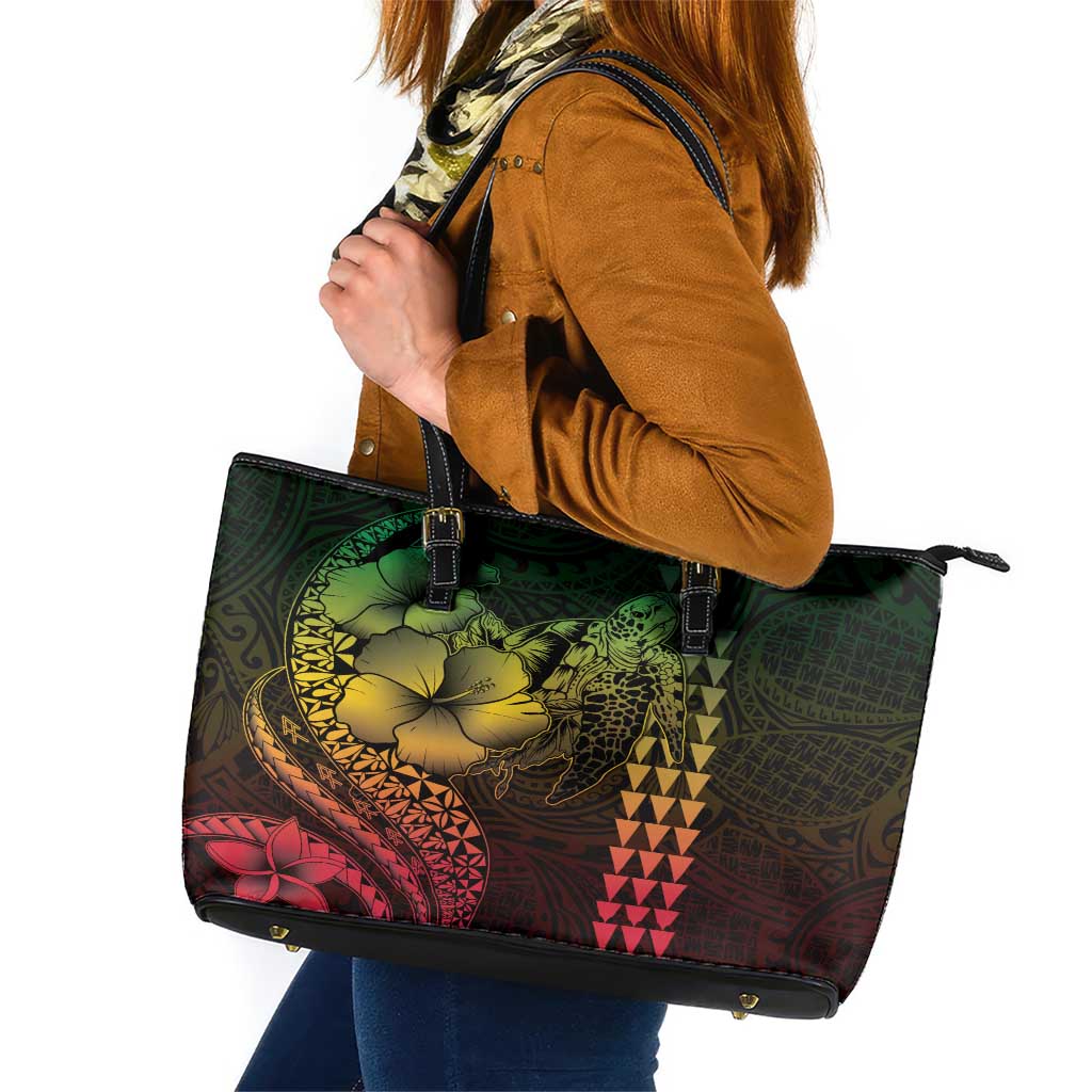 Hawaiian Sea Turtle Leather Tote Bag Reggae Hibiscus Flowers and Kakau Pattern