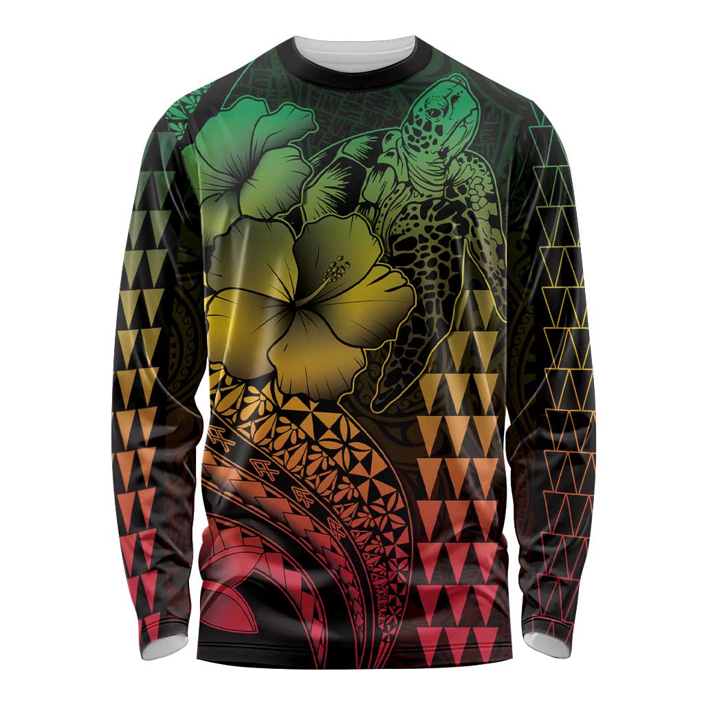 Hawaiian Sea Turtle Long Sleeve Shirt Reggae Hibiscus Flowers and Kakau Pattern