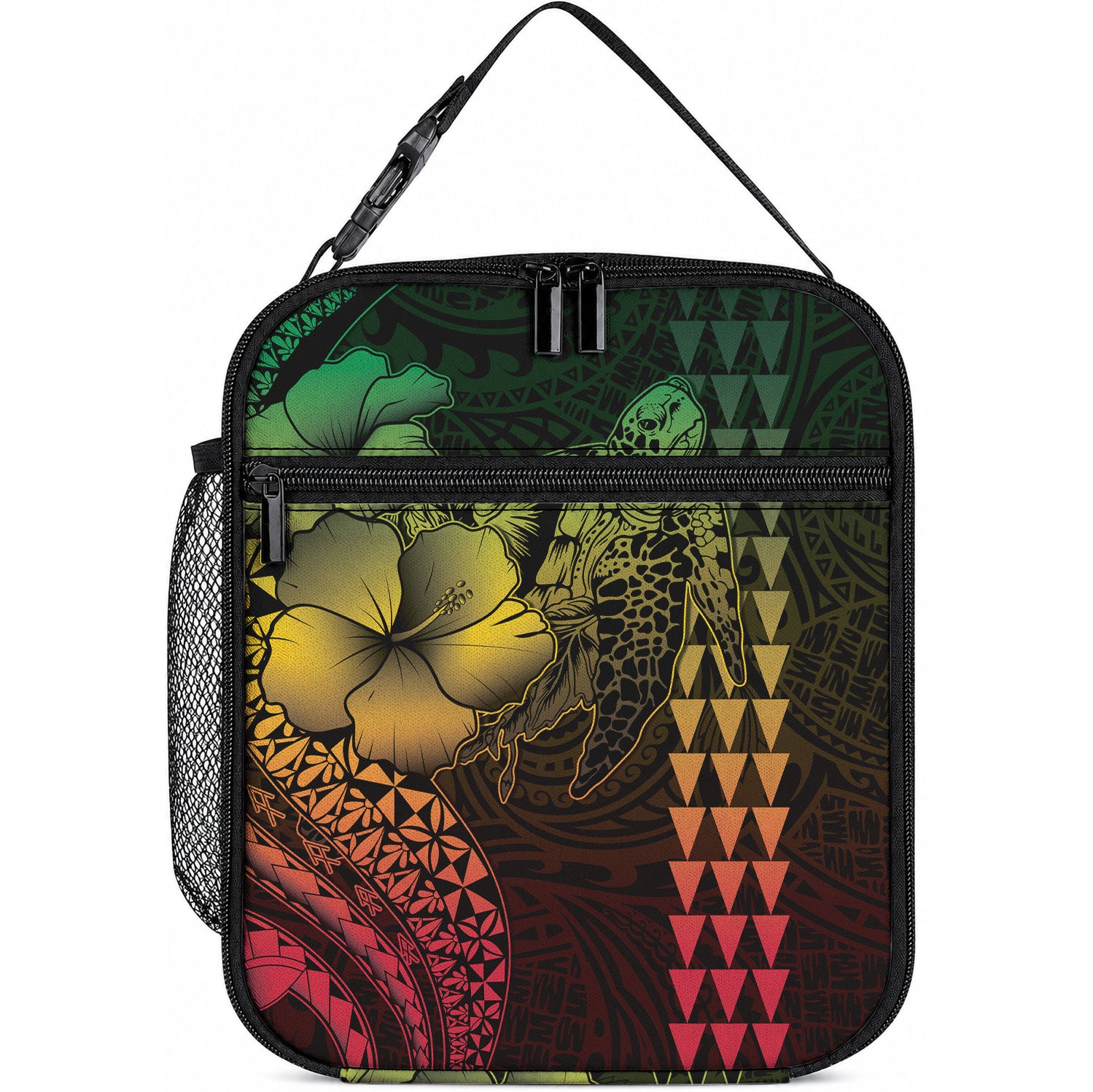 Hawaiian Sea Turtle Lunch Bag Reggae Hibiscus Flowers and Kakau Pattern LT9 10.2 × 8.3 × 4.3 inch Reggae - Polynesian Pride