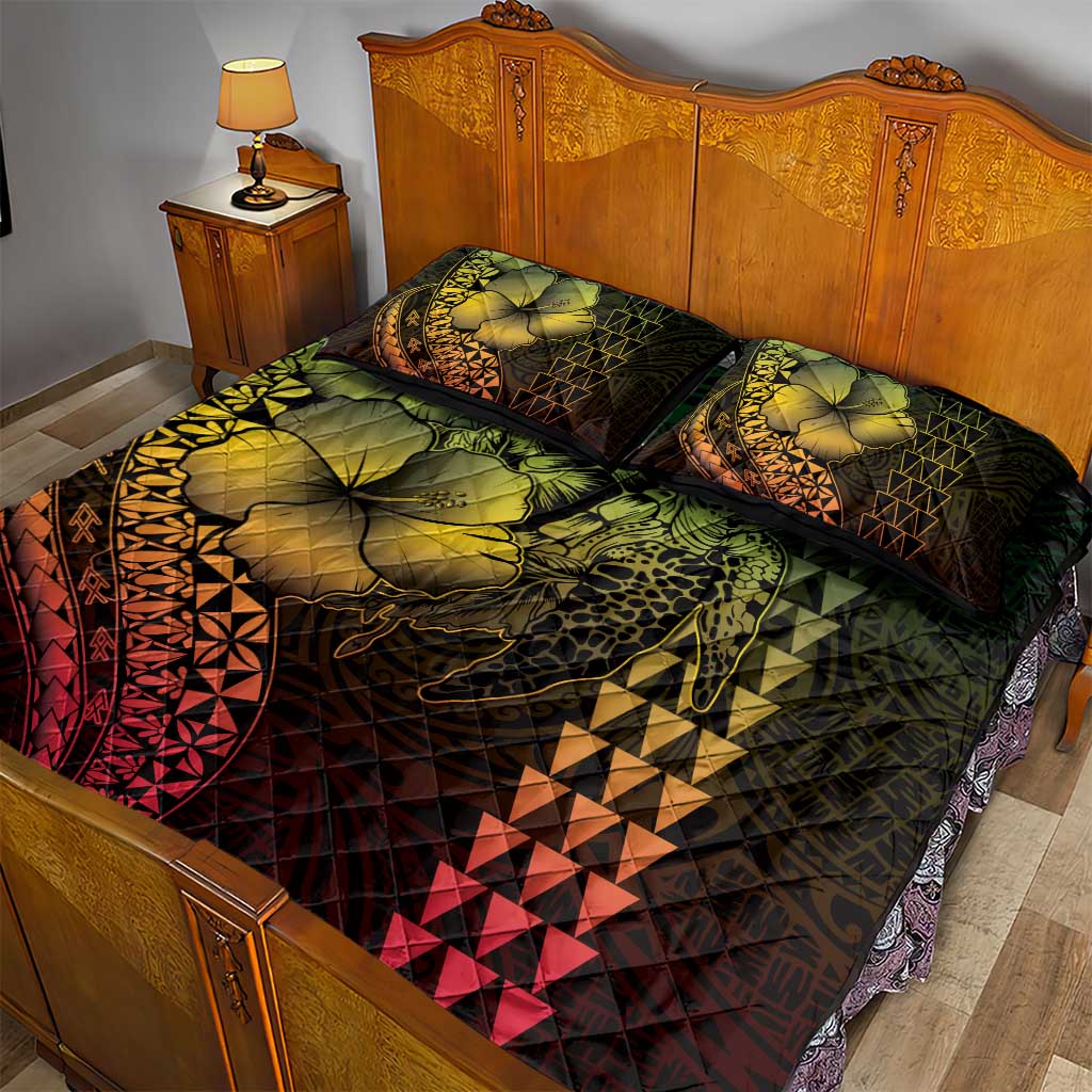 Hawaiian Sea Turtle Quilt Bed Set Reggae Hibiscus Flowers and Kakau Pattern