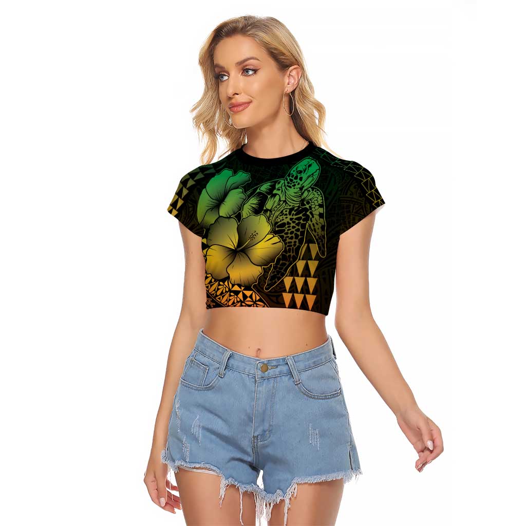 Hawaiian Sea Turtle Raglan Cropped T Shirt Reggae Hibiscus Flowers and Kakau Pattern