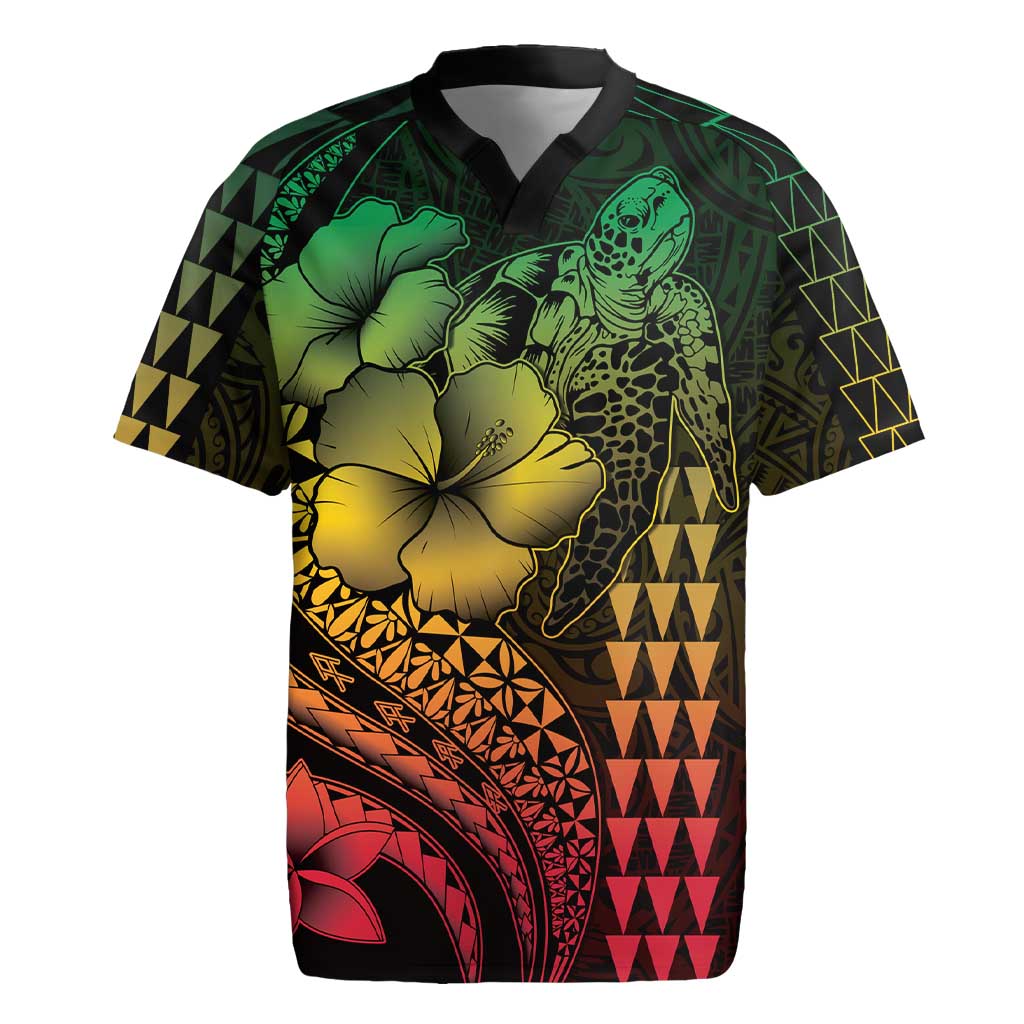 Hawaiian Sea Turtle Rugby Jersey Reggae Hibiscus Flowers and Kakau Pattern
