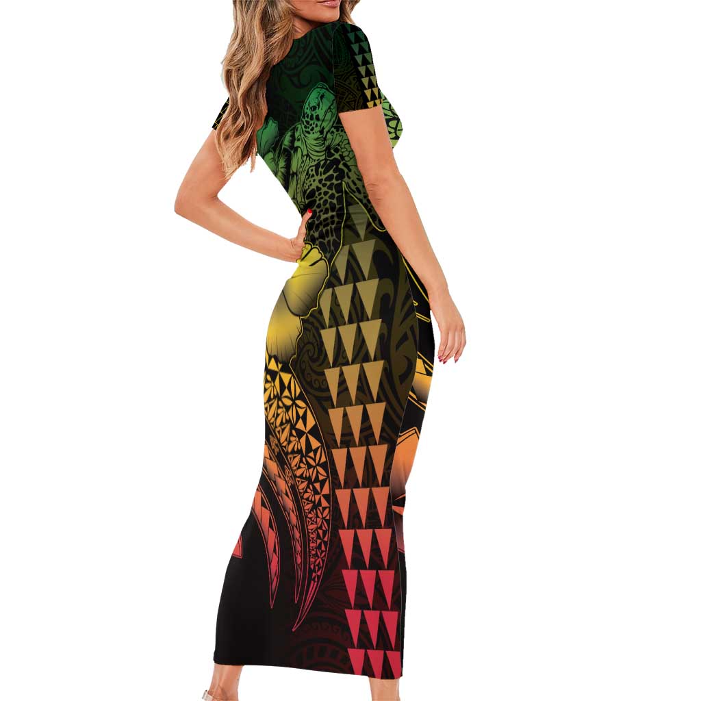 Hawaiian Sea Turtle Short Sleeve Bodycon Dress Reggae Hibiscus Flowers and Kakau Pattern