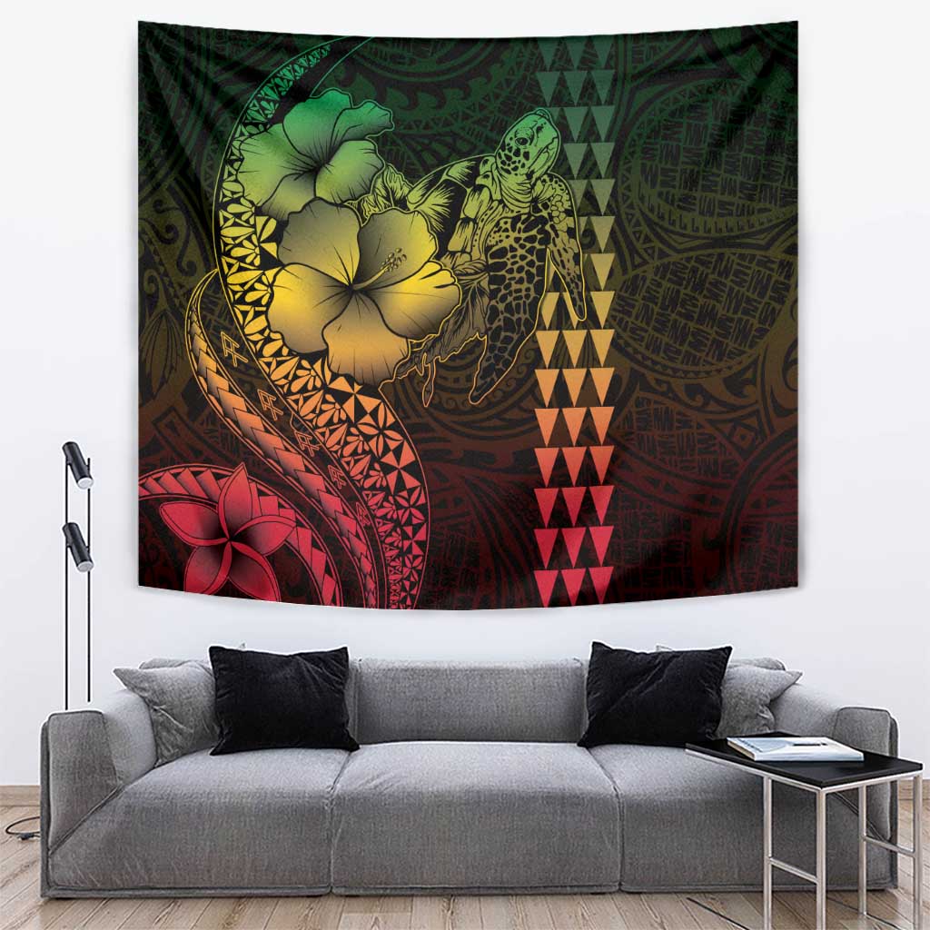 Hawaiian Sea Turtle Tapestry Reggae Hibiscus Flowers and Kakau Pattern