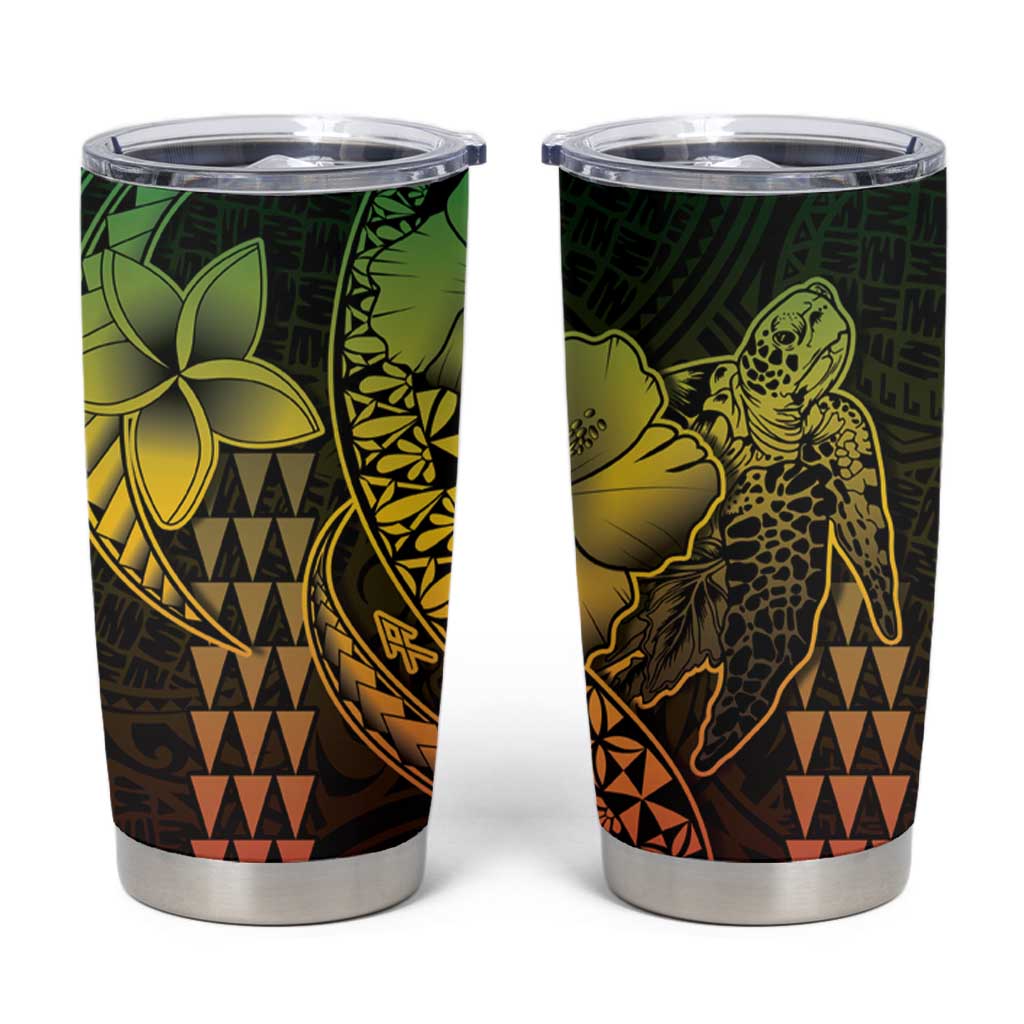 Hawaiian Sea Turtle Tumbler Cup Reggae Hibiscus Flowers and Kakau Pattern