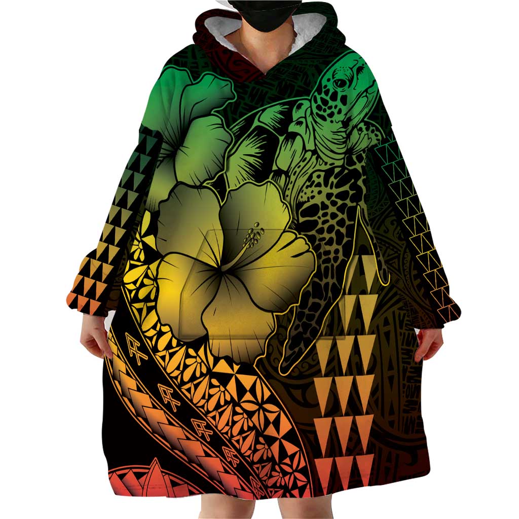Hawaiian Sea Turtle Wearable Blanket Hoodie Reggae Hibiscus Flowers and Kakau Pattern