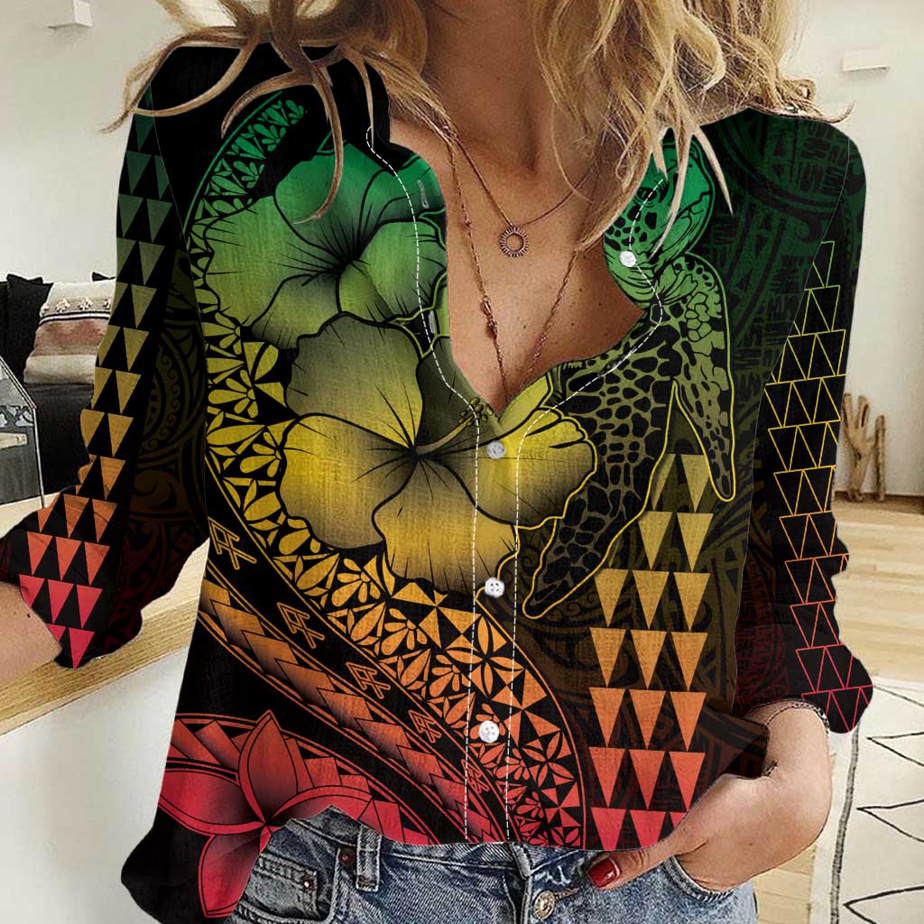 Hawaiian Sea Turtle Women Casual Shirt Reggae Hibiscus Flowers and Kakau Pattern