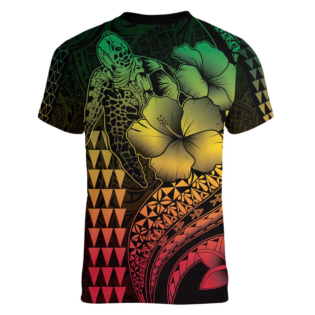 Hawaiian Sea Turtle Women V-Neck T-Shirt Reggae Hibiscus Flowers and Kakau Pattern