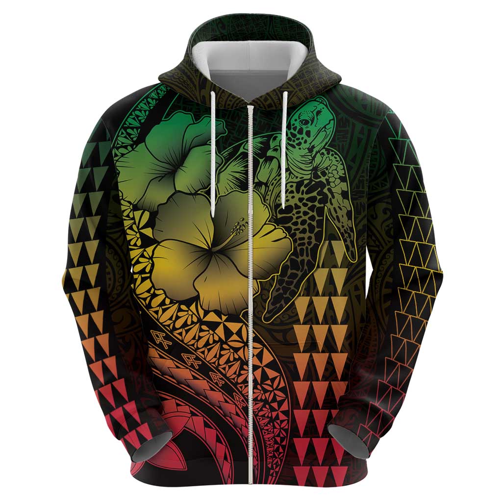Hawaiian Sea Turtle Zip Hoodie Reggae Hibiscus Flowers and Kakau Pattern