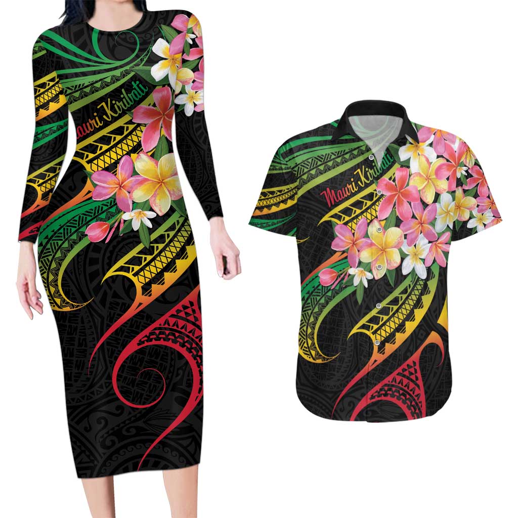 Kiribati Red Jasmine Mango Couples Matching Long Sleeve Bodycon Dress and Hawaiian Shirt Reggae Polynesian Art Vibe