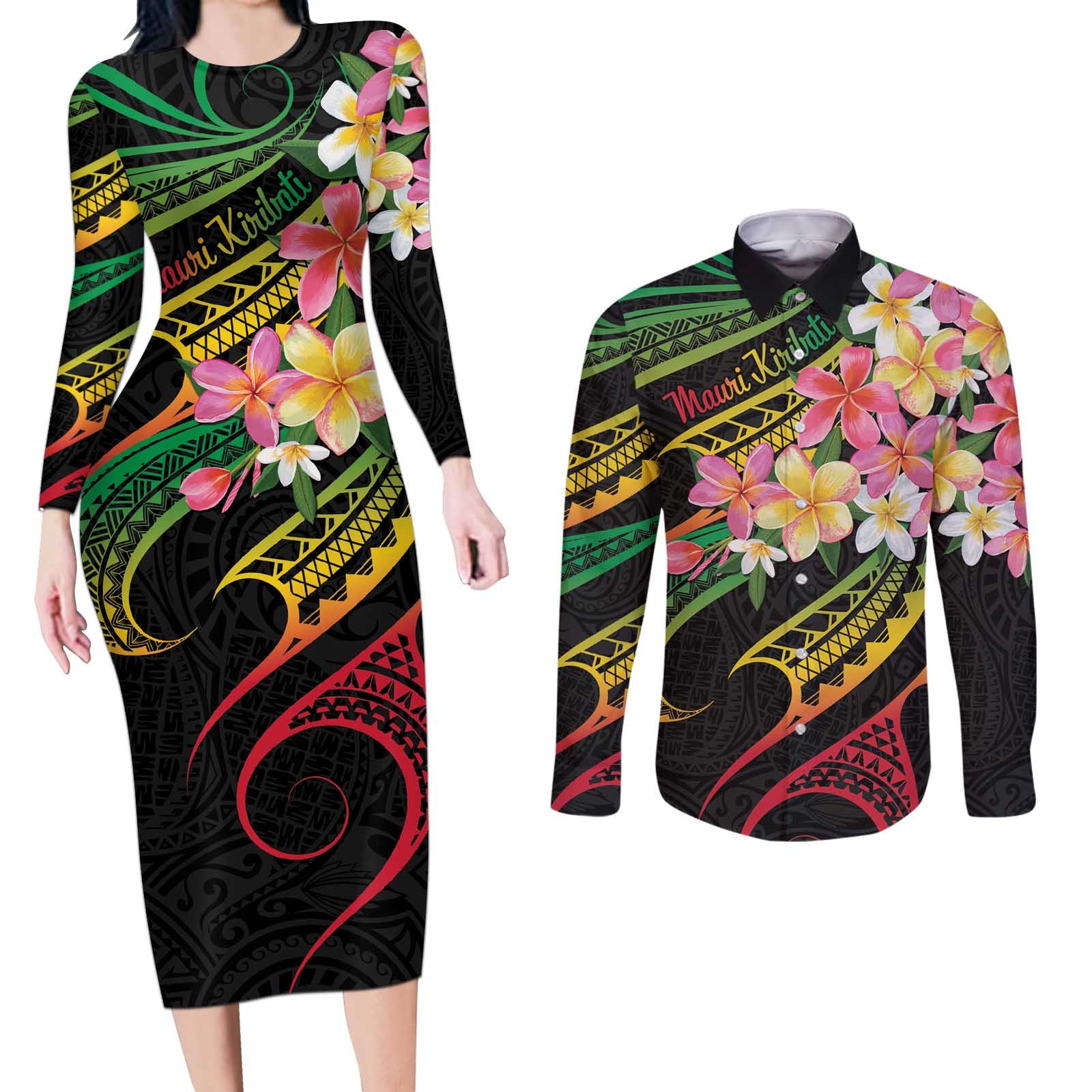 Kiribati Red Jasmine Mango Couples Matching Long Sleeve Bodycon Dress and Long Sleeve Button Shirt Reggae Polynesian Art Vibe LT9 Reggae - Polynesian Pride