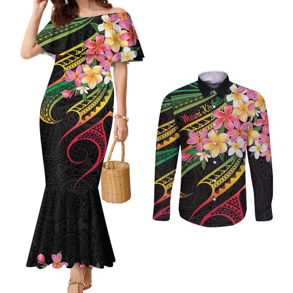 Kiribati Red Jasmine Mango Couples Matching Mermaid Dress and Long Sleeve Button Shirt Reggae Polynesian Art Vibe LT9 Reggae - Polynesian Pride