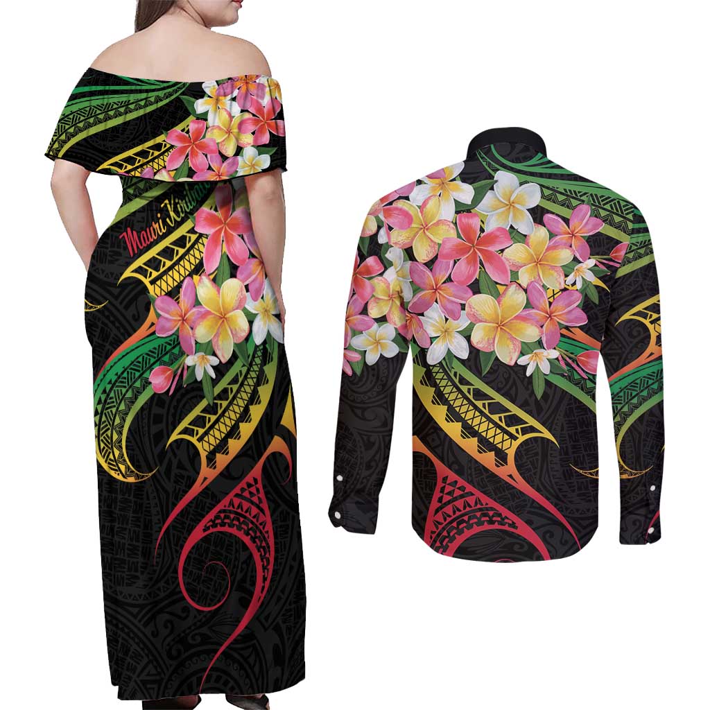 Kiribati Red Jasmine Mango Couples Matching Off Shoulder Maxi Dress and Long Sleeve Button Shirt Reggae Polynesian Art Vibe LT9 - Polynesian Pride