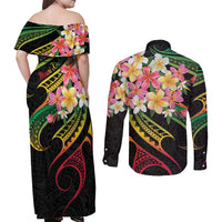 Kiribati Red Jasmine Mango Couples Matching Off Shoulder Maxi Dress and Long Sleeve Button Shirt Reggae Polynesian Art Vibe LT9 - Polynesian Pride