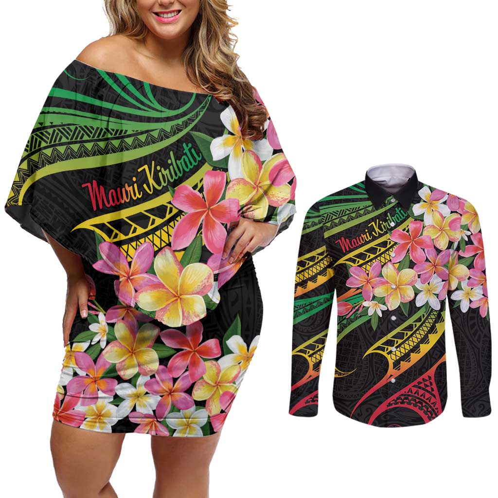 Kiribati Red Jasmine Mango Couples Matching Off Shoulder Short Dress and Long Sleeve Button Shirt Reggae Polynesian Art Vibe LT9 Reggae - Polynesian Pride