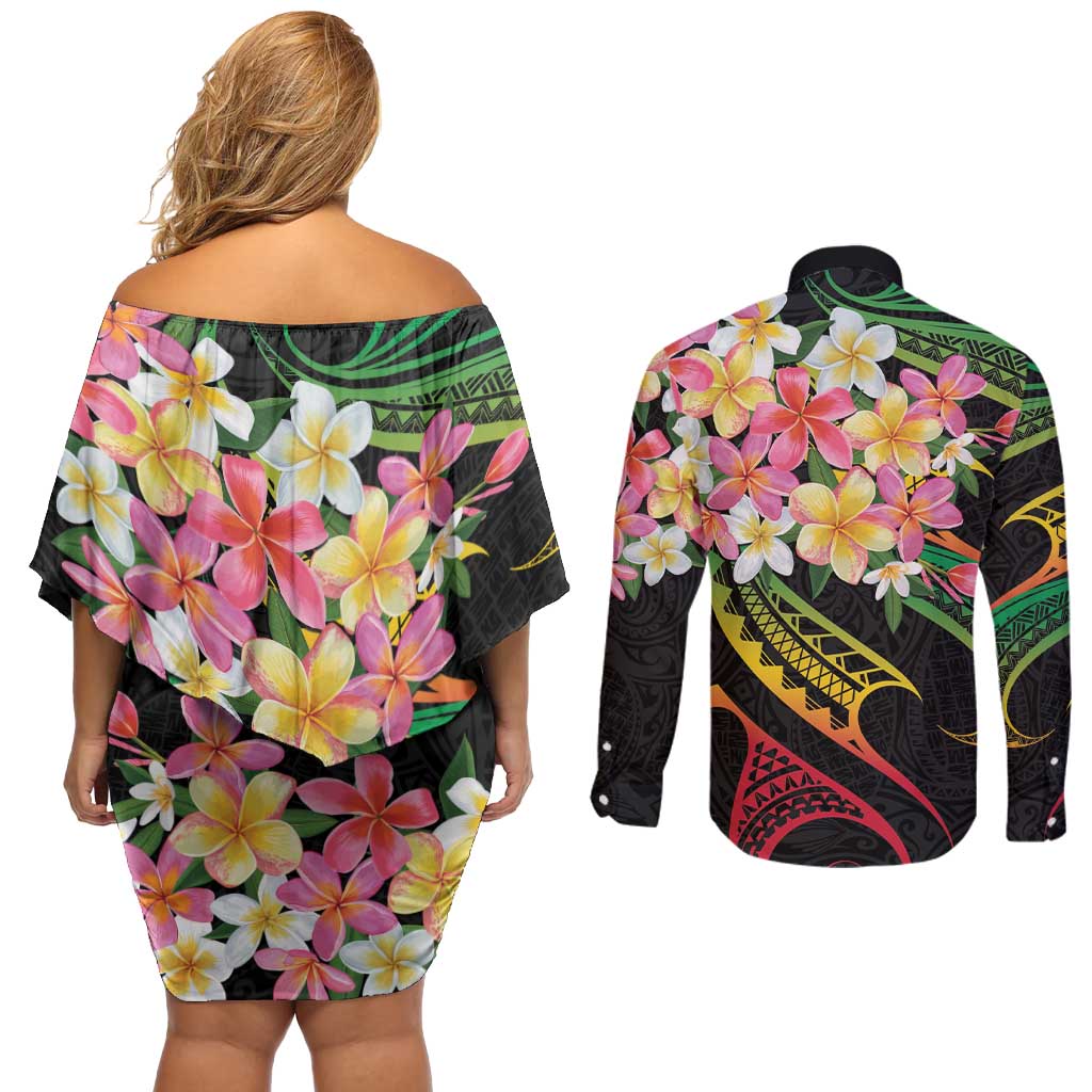 Kiribati Red Jasmine Mango Couples Matching Off Shoulder Short Dress and Long Sleeve Button Shirt Reggae Polynesian Art Vibe LT9 - Polynesian Pride