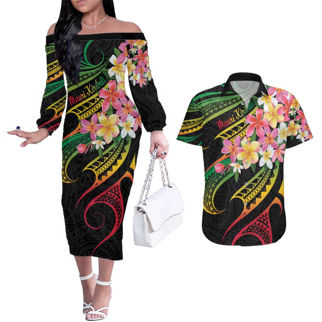 Kiribati Red Jasmine Mango Couples Matching Off The Shoulder Long Sleeve Dress and Hawaiian Shirt Reggae Polynesian Art Vibe LT9 Reggae - Polynesian Pride