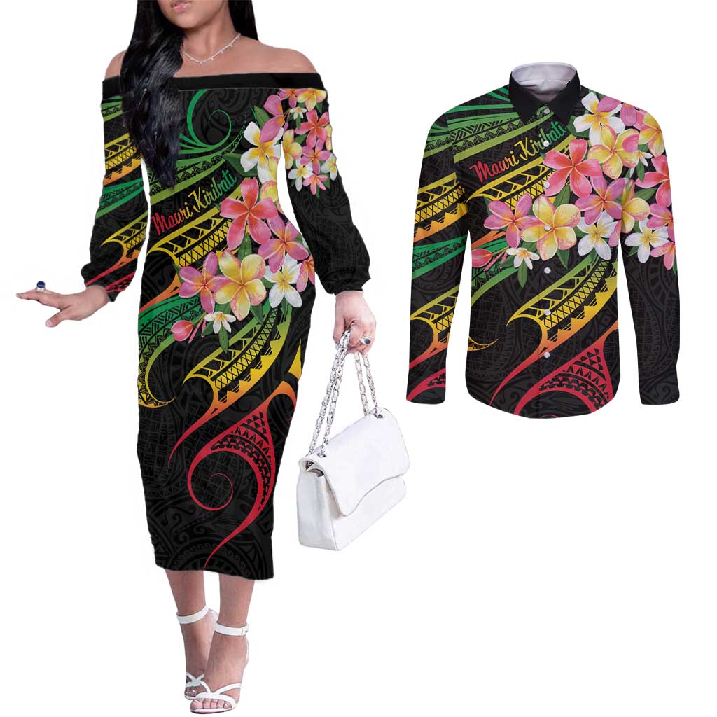 Kiribati Red Jasmine Mango Couples Matching Off The Shoulder Long Sleeve Dress and Long Sleeve Button Shirt Reggae Polynesian Art Vibe LT9 Reggae - Polynesian Pride