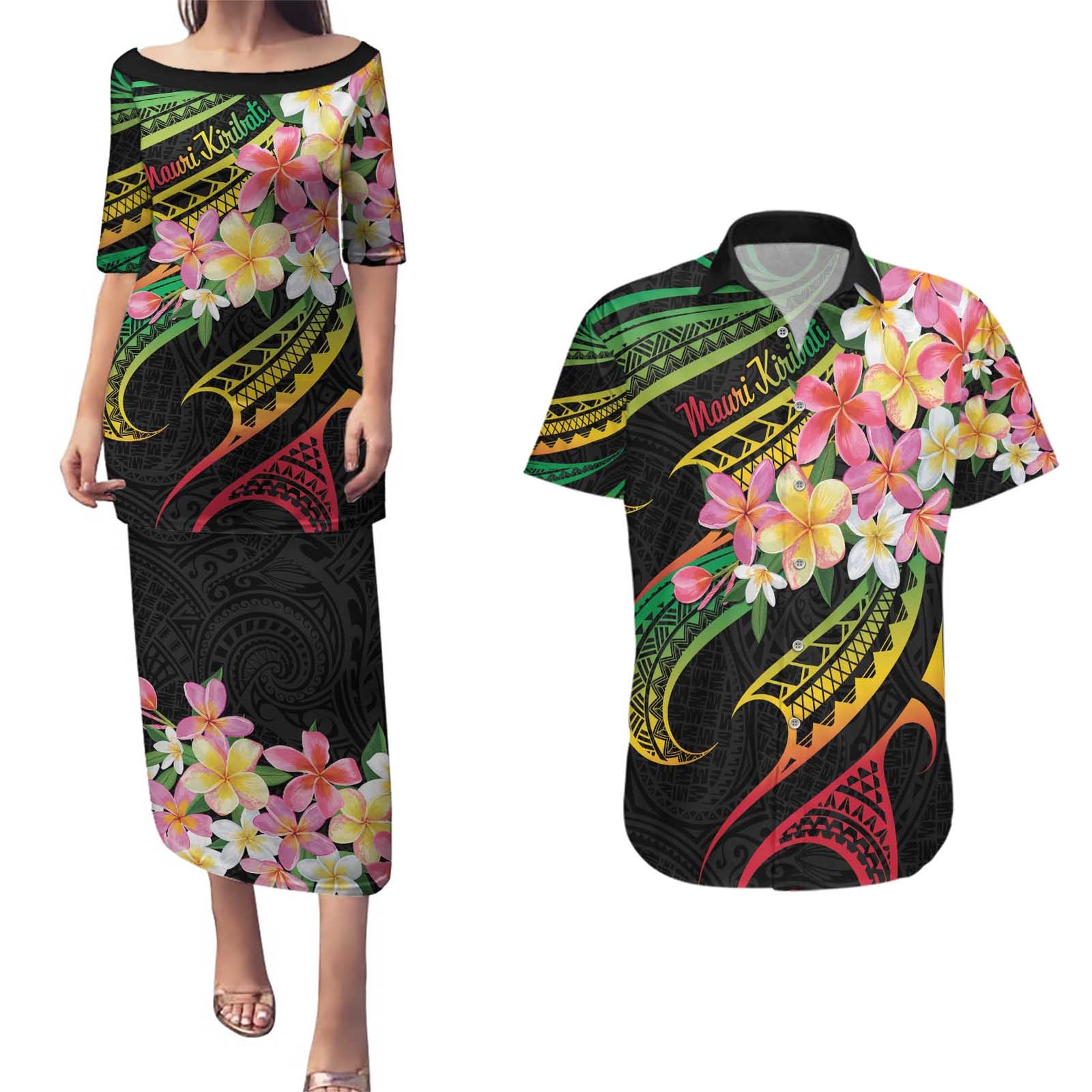 Kiribati Red Jasmine Mango Couples Matching Puletasi and Hawaiian Shirt Reggae Polynesian Art Vibe LT9 Reggae - Polynesian Pride