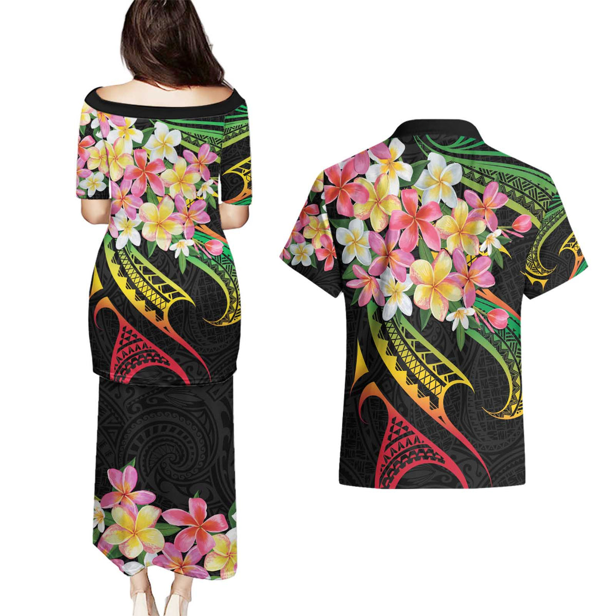 Kiribati Red Jasmine Mango Couples Matching Puletasi and Hawaiian Shirt Reggae Polynesian Art Vibe LT9 - Polynesian Pride