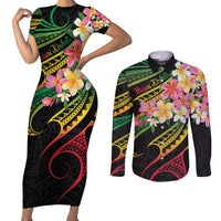 Kiribati Red Jasmine Mango Couples Matching Short Sleeve Bodycon Dress and Long Sleeve Button Shirt Reggae Polynesian Art Vibe LT9 Reggae - Polynesian Pride