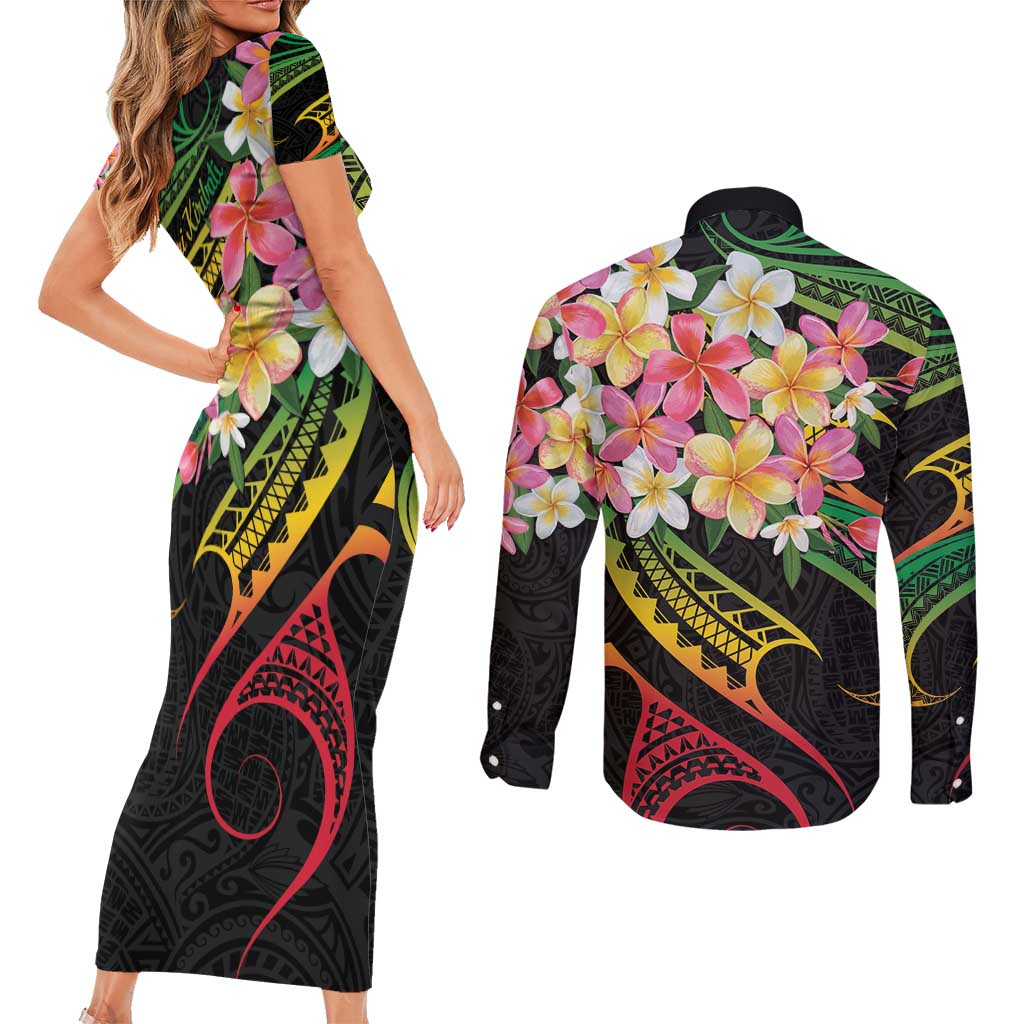 Kiribati Red Jasmine Mango Couples Matching Short Sleeve Bodycon Dress and Long Sleeve Button Shirt Reggae Polynesian Art Vibe LT9 - Polynesian Pride