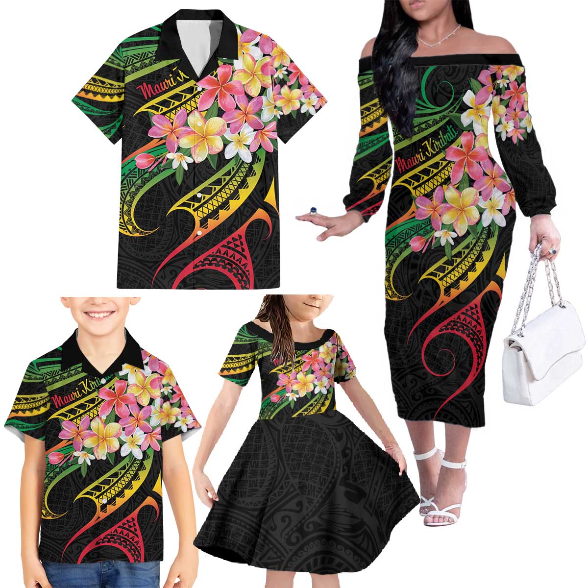 Kiribati Red Jasmine Mango Family Matching Off The Shoulder Long Sleeve Dress and Hawaiian Shirt Reggae Polynesian Art Vibe