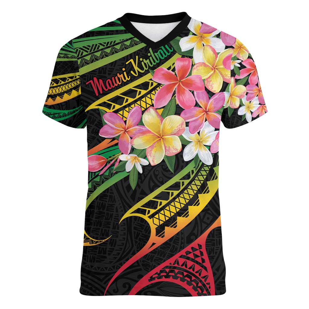 Kiribati Red Jasmine Mango Women V-Neck T-Shirt Reggae Polynesian Art Vibe