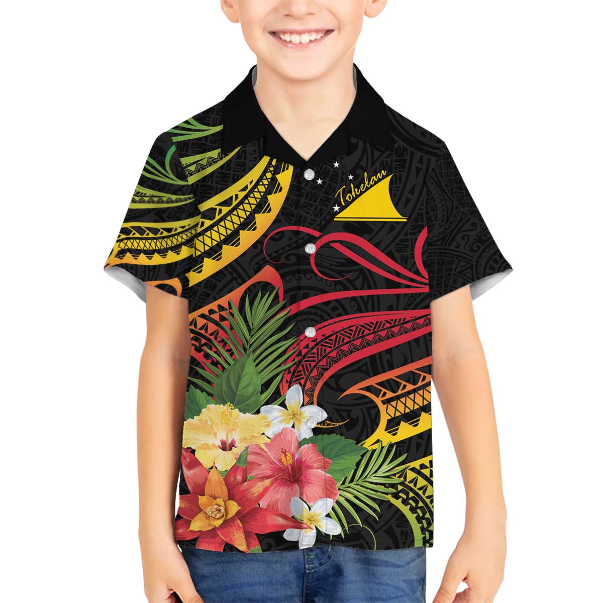 Personalised Tokelau Tropical Flowers Family Matching Off The Shoulder Long Sleeve Dress and Hawaiian Shirt Reggae Polynesian Art Vibe