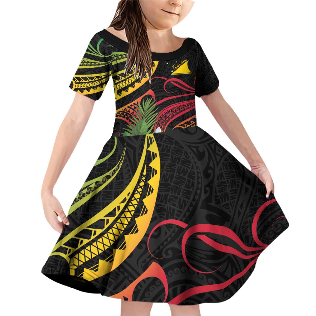 Personalised Tokelau Tropical Flowers Family Matching Off Shoulder Short Dress and Hawaiian Shirt Reggae Polynesian Art Vibe