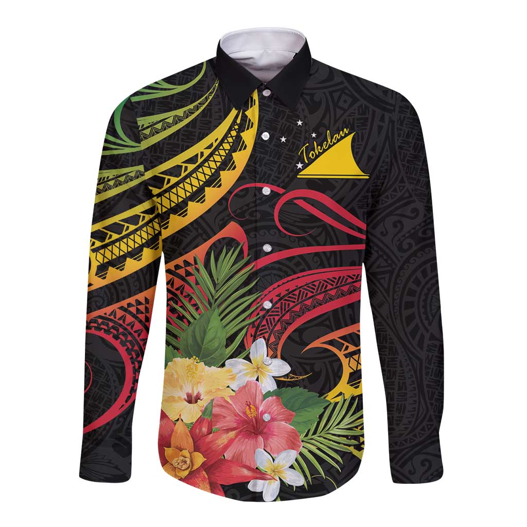 Personalised Tokelau Tropical Flowers Long Sleeve Button Shirt Reggae Polynesian Art Vibe