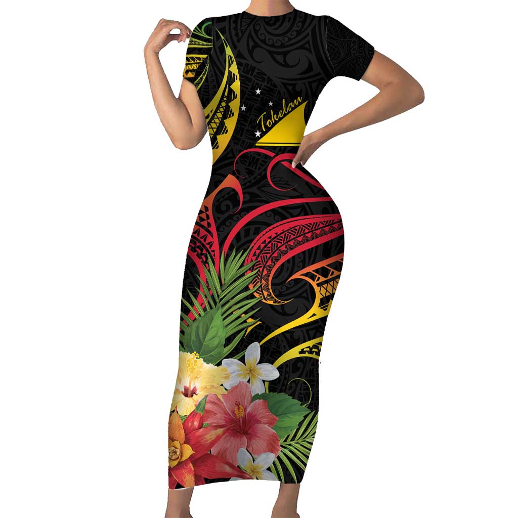 Personalised Tokelau Tropical Flowers Short Sleeve Bodycon Dress Reggae Polynesian Art Vibe