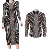 Brown Tongan Polynesian Tribal Couples Matching Long Sleeve Bodycon Dress and Long Sleeve Button Shirt LT9 Brown - Polynesian Pride