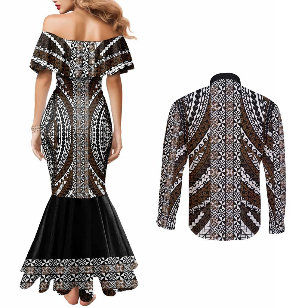 Brown Tongan Polynesian Tribal Couples Matching Mermaid Dress and Long Sleeve Button Shirt LT9 - Polynesian Pride
