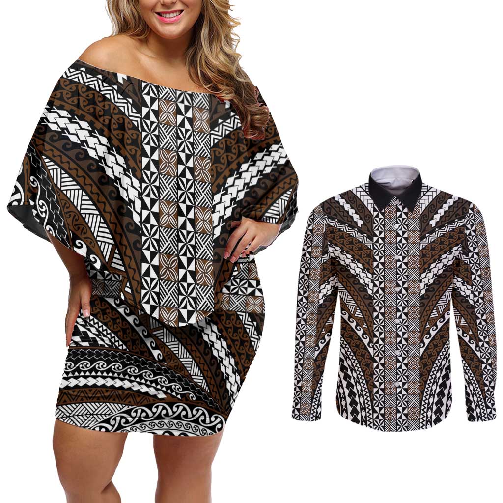 Brown Tongan Polynesian Tribal Couples Matching Off Shoulder Short Dress and Long Sleeve Button Shirt LT9 Brown - Polynesian Pride