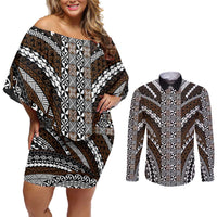 Brown Tongan Polynesian Tribal Couples Matching Off Shoulder Short Dress and Long Sleeve Button Shirt LT9 Brown - Polynesian Pride